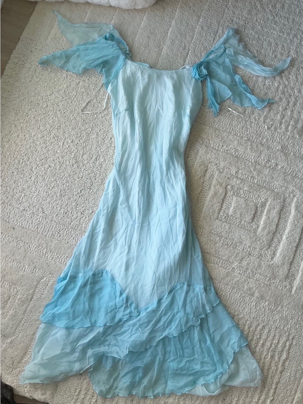 100% silk Light Blue Chiffon ruffle Flutter Sleeve midi Dress y2k style rose
